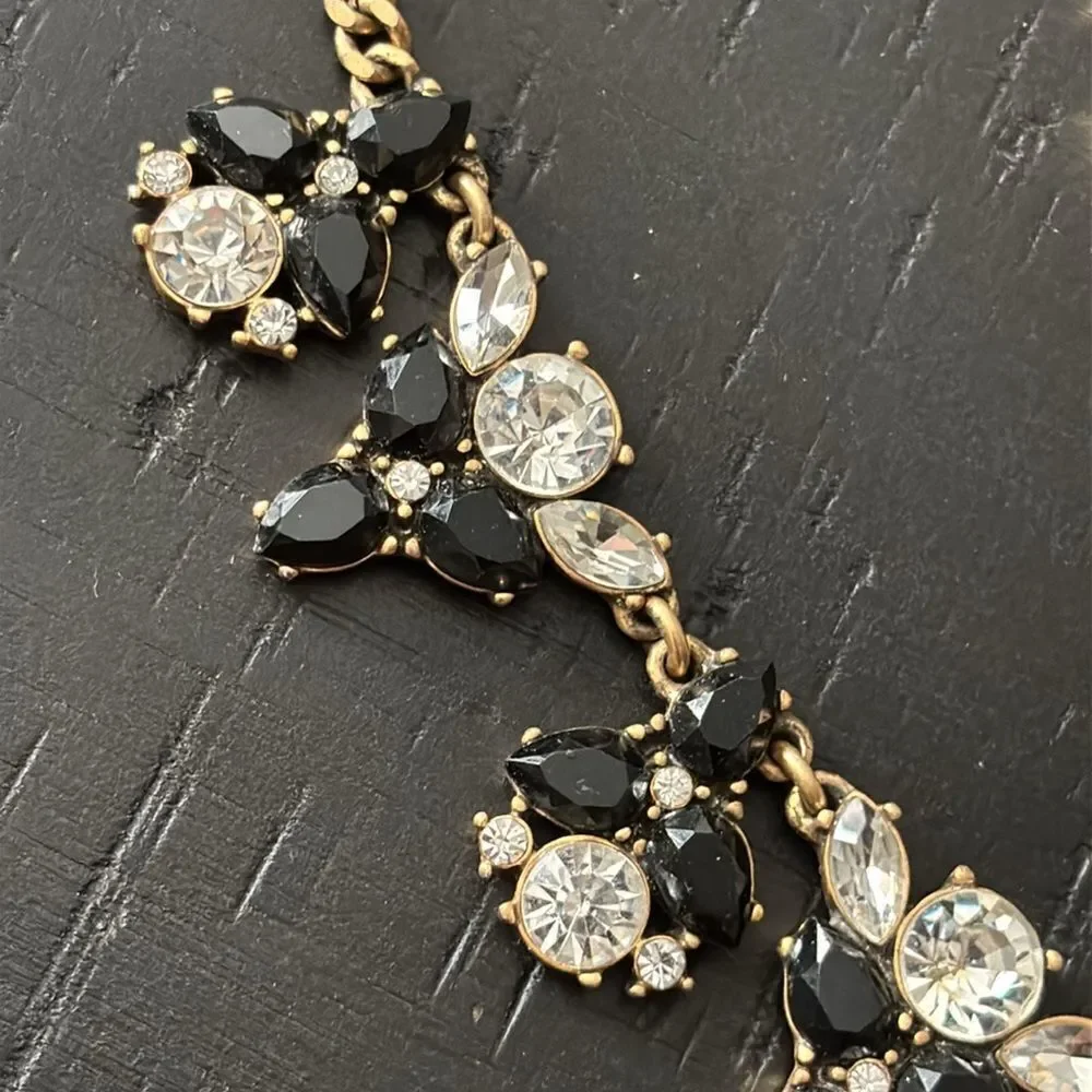 Vintage J. CREW Black & Clear Rhinestones Choker Necklace Chain Gold Tone​​